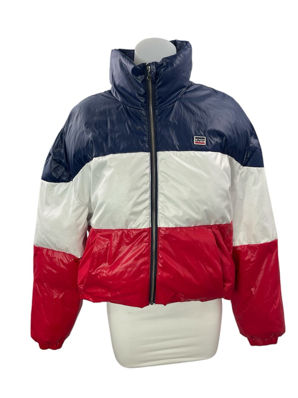 Levi's Color Block High Neck Long Sleeve Full Zip Cropped Puffer Coat Jacket L